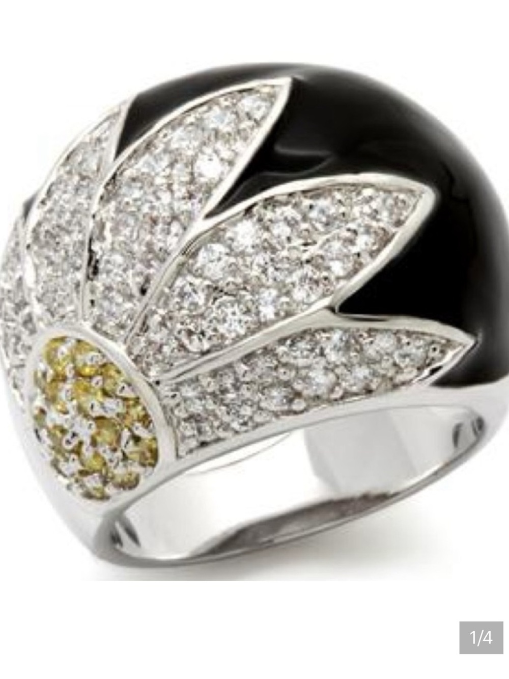 Black canary Cz Diamond DAISY Enamel Cocktail statement flower floral Dome Ring